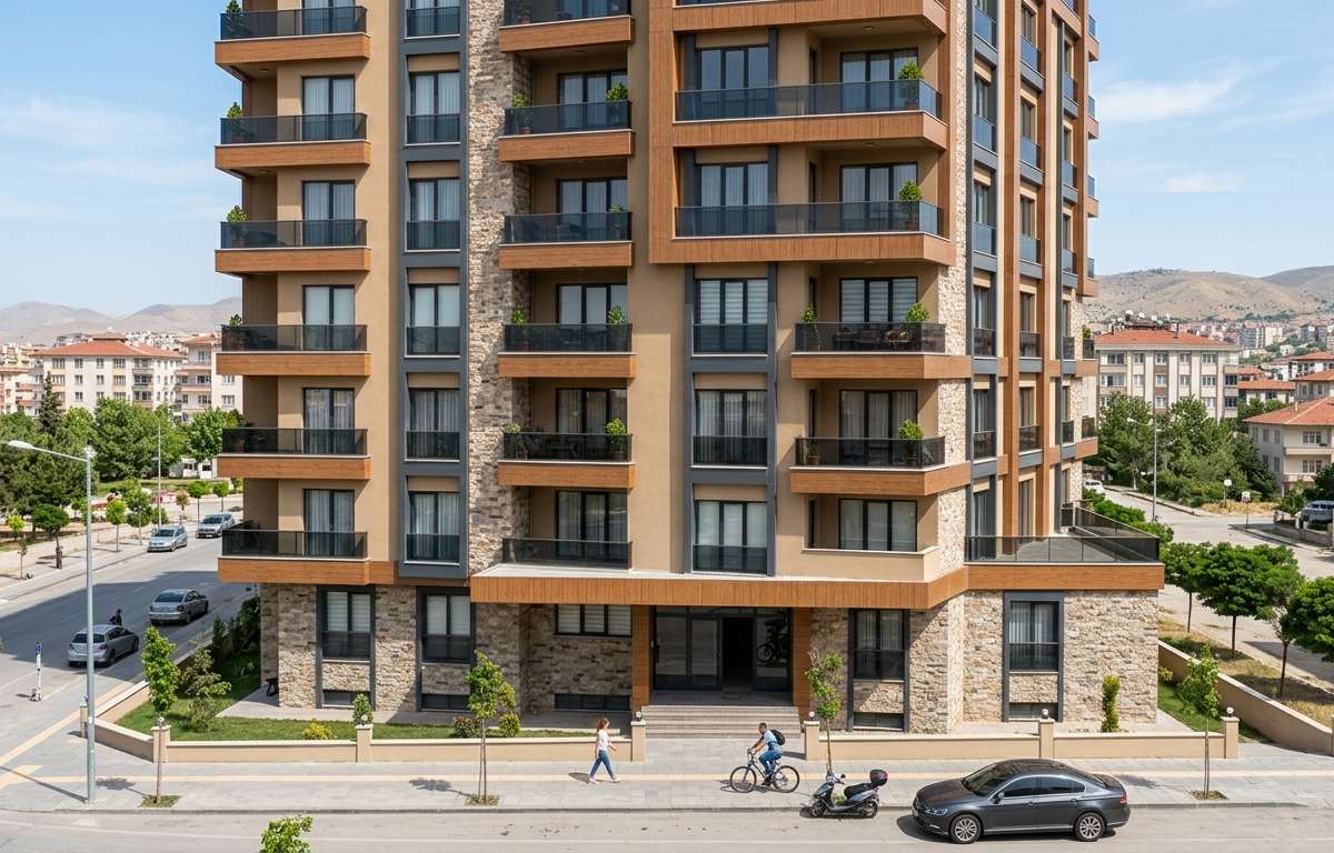 Çok katlı bir apartmanın köşe cephesi ahşap desenli kompozit panel ve taş görünümlü kaplamayla kaplanmış; antrasit alüminyum doğramalar, cam balkon korkulukları ve zemin katta taş kaplamalı giriş bölümü caddeden görünüyor