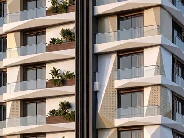 Dış cephe kaplama sistem görseli: çok katlı binanın köşesinde beyaz üç boyutlu geometrik panelli cephe, balkon şeritleri ve dikey ahşap görünümlü düşey elemanlarla birlikte